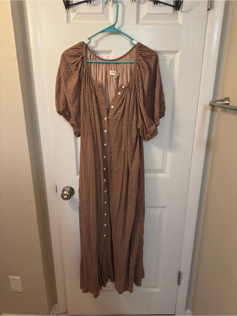 Brass & Roe Button-Front Brown Gingham Maxi Dress